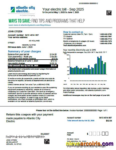 USA Atlantic City Electric utility bill, version 2